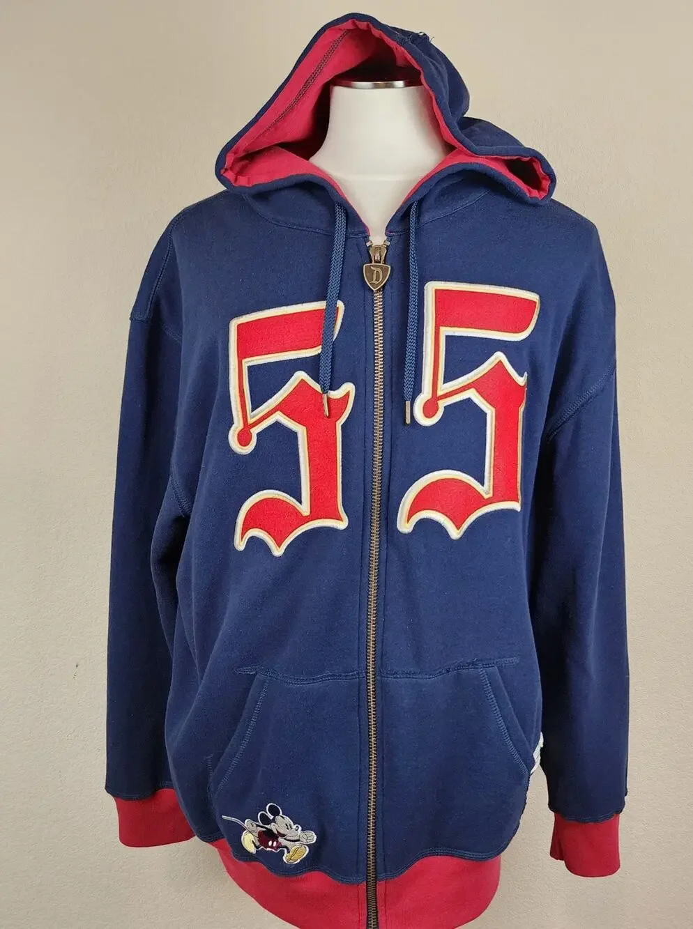 Disney Parks Fleece Hoodie Mickey Embroidered Patch Red Blue Est 1955 EUC